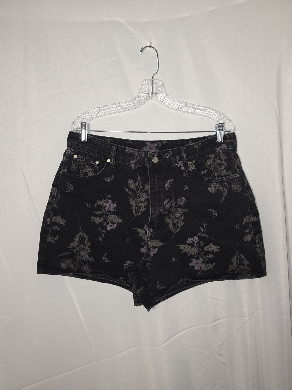 Disturbia Black Denim Shorts with Purple Floral Print